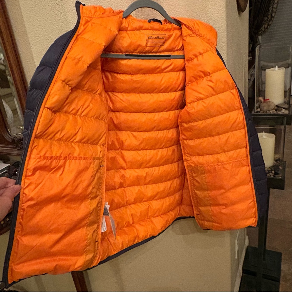 Eddie Bauer Navy Orange CirrusLite Down Puffer Hooded Zip Jacket Size Medium - Picture 5 of 10